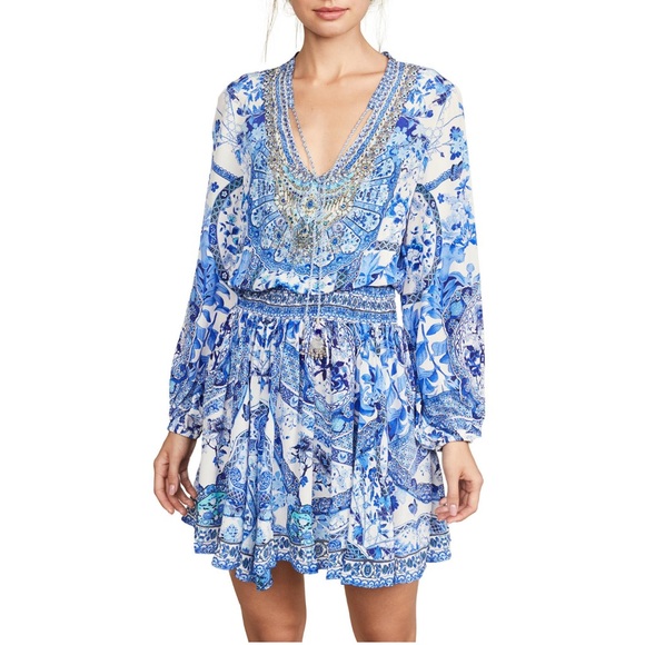 CAMILLA Shirred Mini Dress Eternity's Empire Blue White Paisley Embellished Sm - Picture 1 of 8
